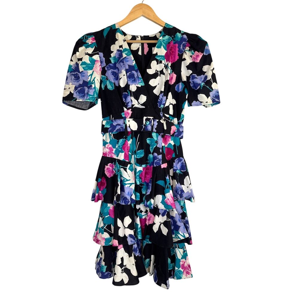 Vintage 80s Floral Party Dress Ruffle Skirt Womens 11/12 Belted Retro Cotton